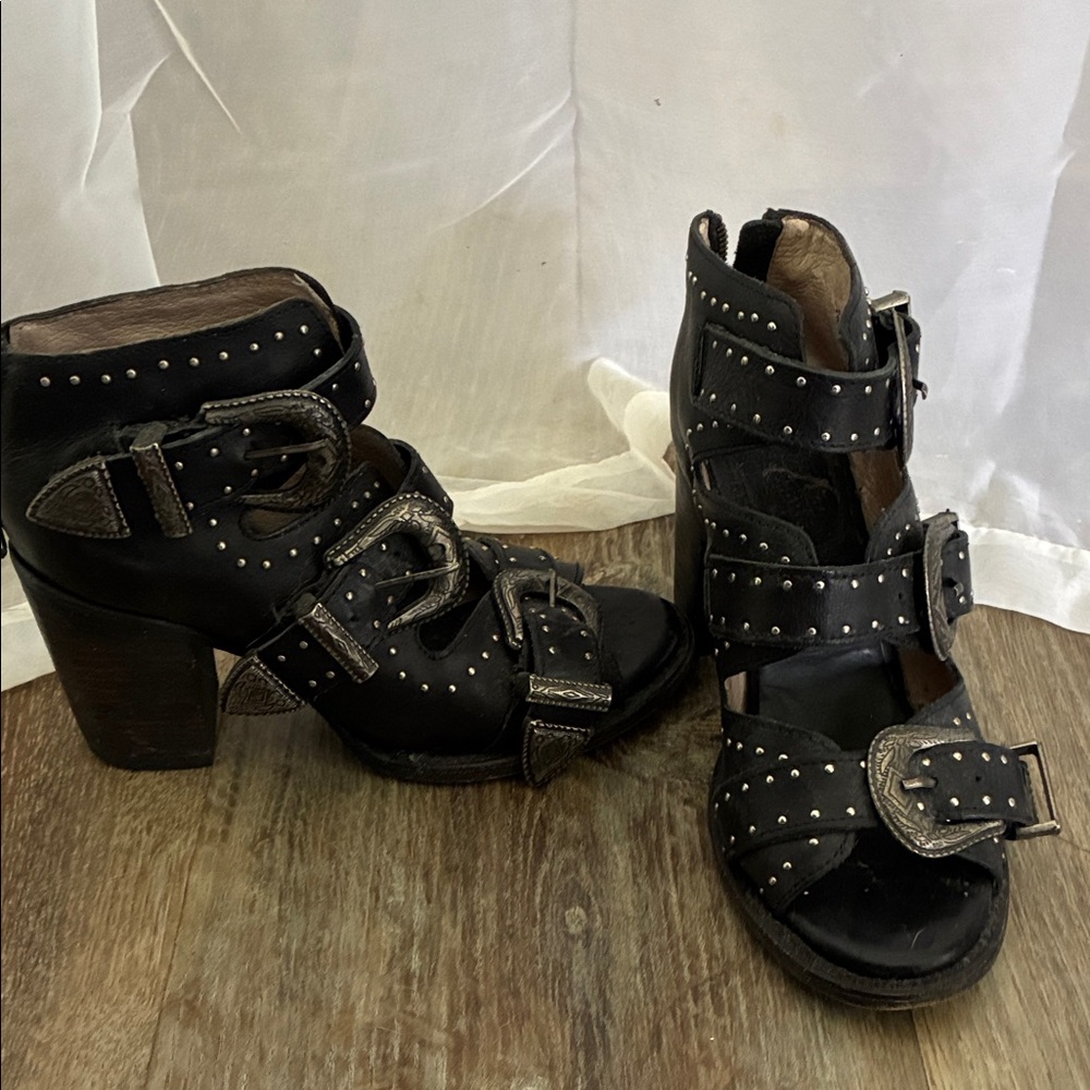 Studded Black Leather Buckle Heels - Freebird